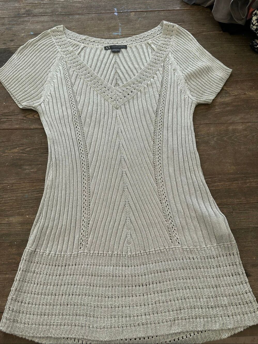 Armani Exchange AX Metallic Knit Tunic Sweater Top Beige V-Neck Short Sleeve L